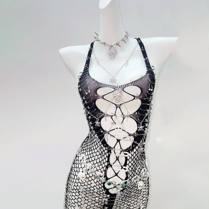U neck fishnet cami mini dress