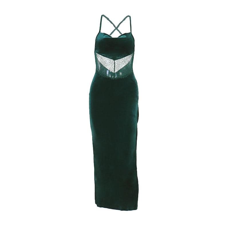 Cowl neck lace hem slit backless velvet cross back midi dress  | black rave dress  | black rave dress