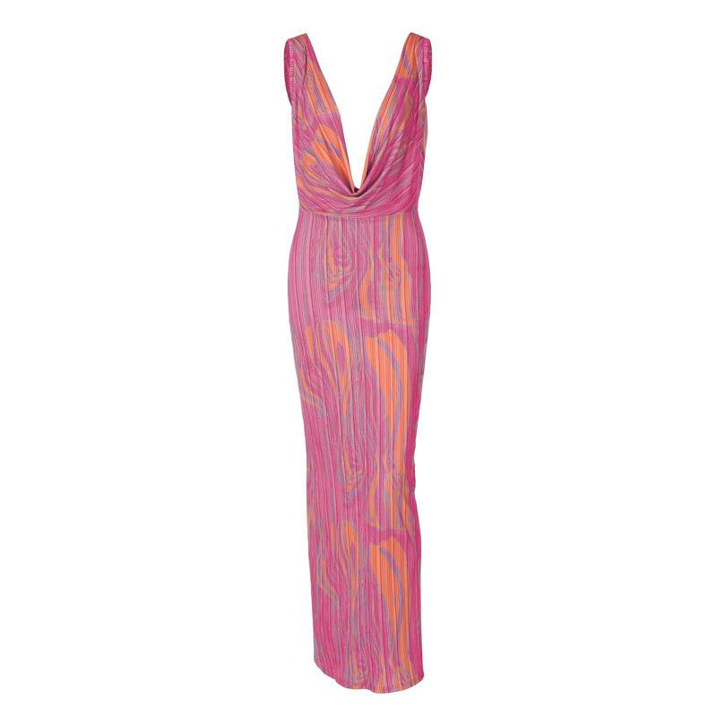 Contrast print cowl neck sleeveless backless maxi dress  | red tango dress