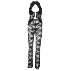 High neck lace hollow out ruffle see through pant set