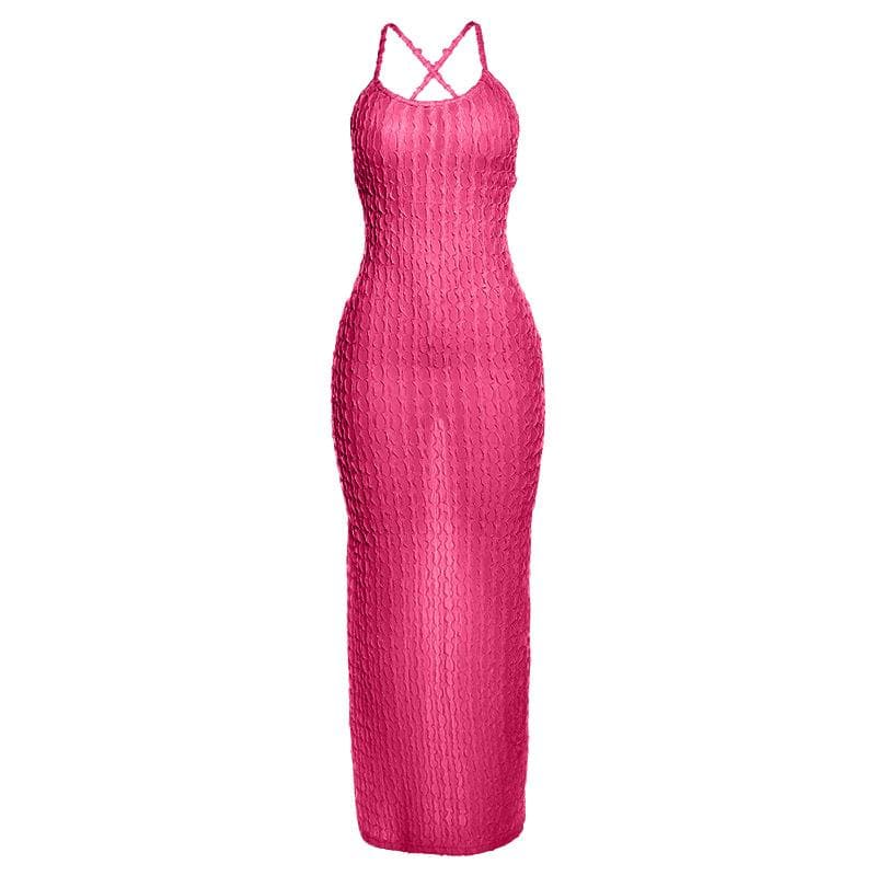 Cross back self tie backless u neck textured solid maxi dress  | red tango dress
