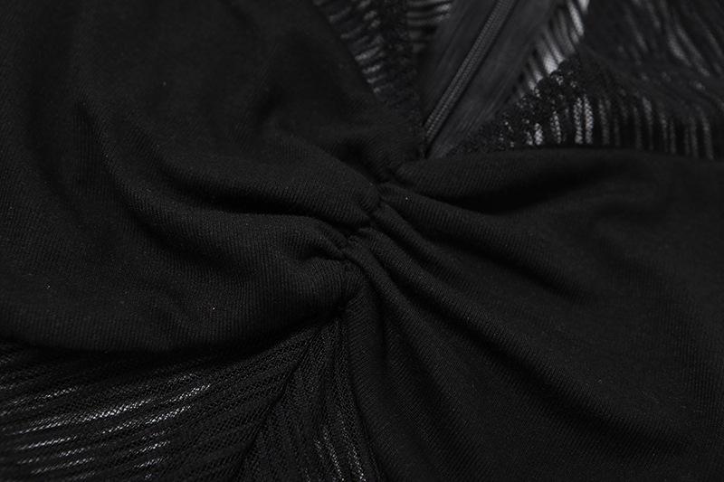 High neck ruched hollow out mesh zip-up tank top