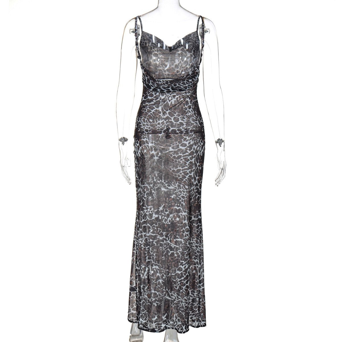 Leopard print cowl neck high slit backless cami maxi dress
