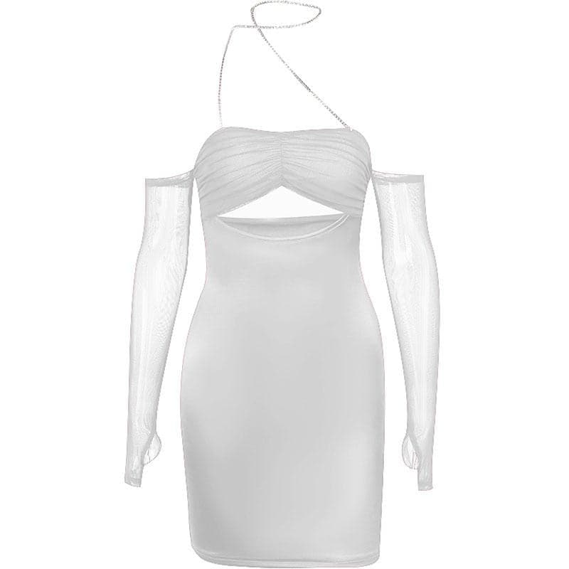 Mesh gloves solid halter ruched hollow out off shoulder mini dress  | red tango dress