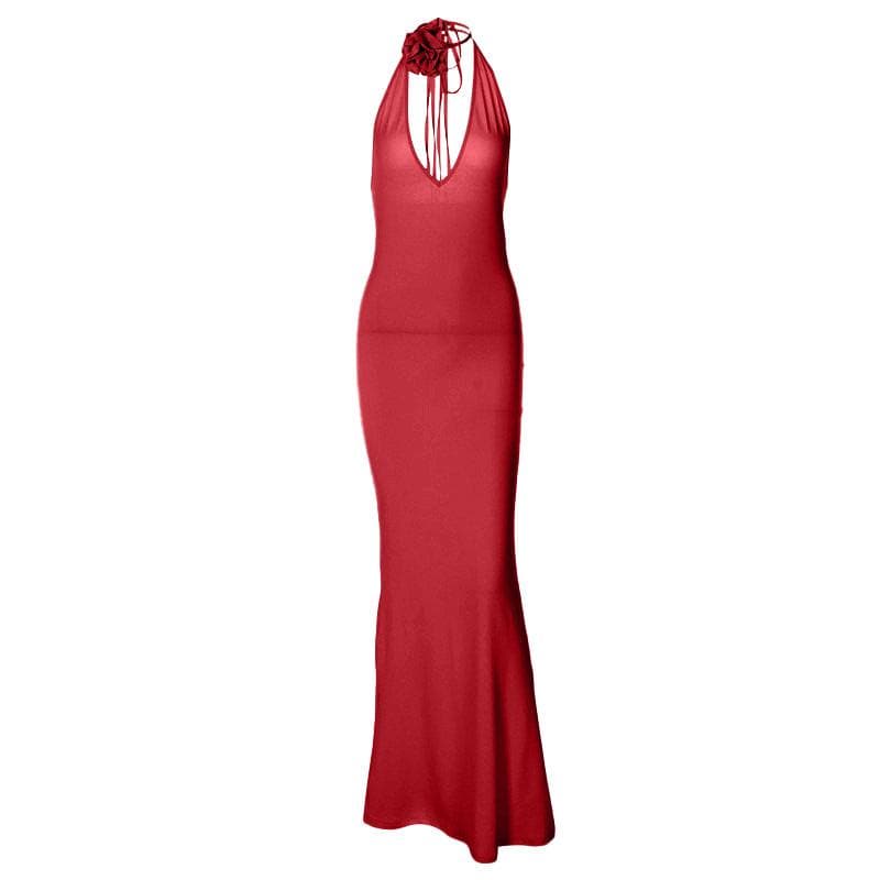 Solid v neck halter backless flower applique self tie maxi dress  | red tango dress