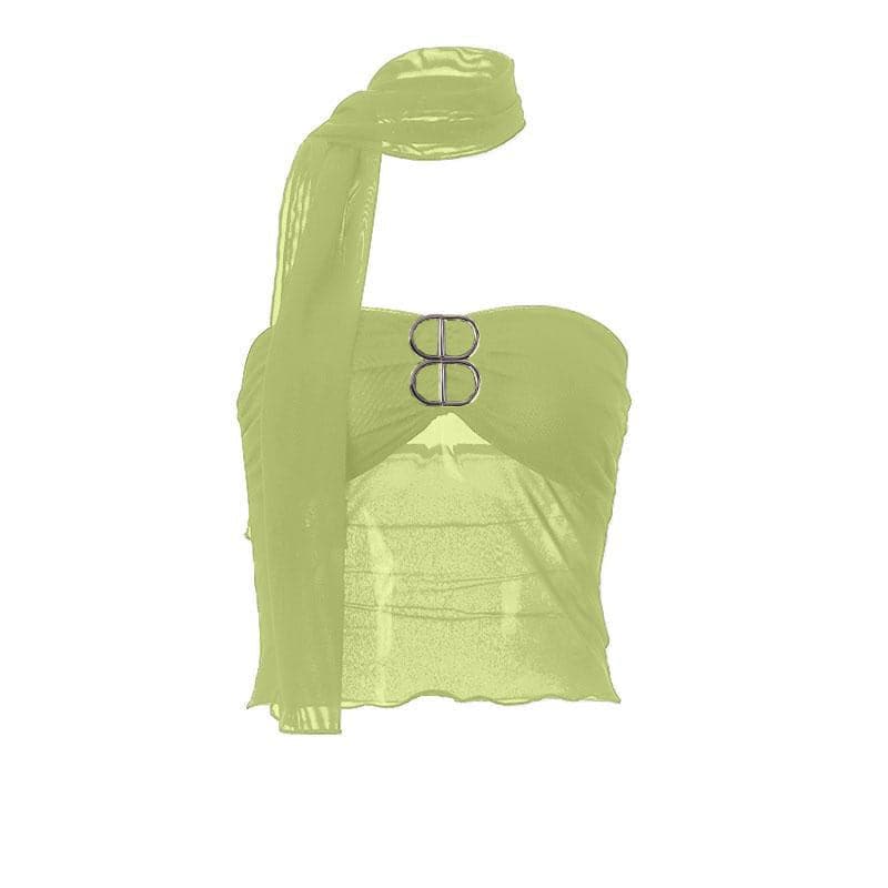 Sheer mesh backless buckle ruffle solid tube crop top