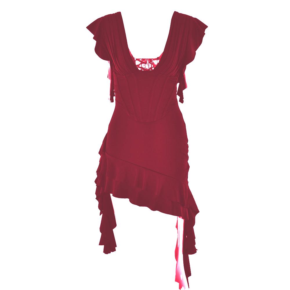 V neck ruffle irregular corset lace up mini dress  | red tango dress
