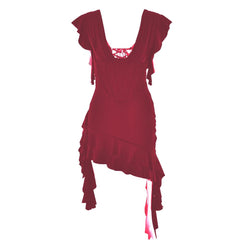V neck ruffle irregular corset lace up mini dress  | red tango dress