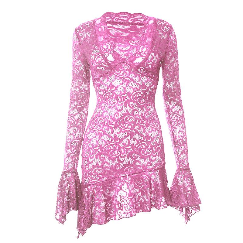 Long flared sleeve lace ruffle see through mini dress