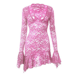 Long flared sleeve lace ruffle see through mini dress