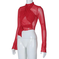 Self tie solid cross front ruched long sleeve mesh top