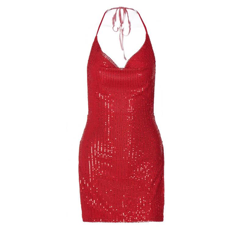Glitter cowl neck halter slit backless mini dress  | red tango dress