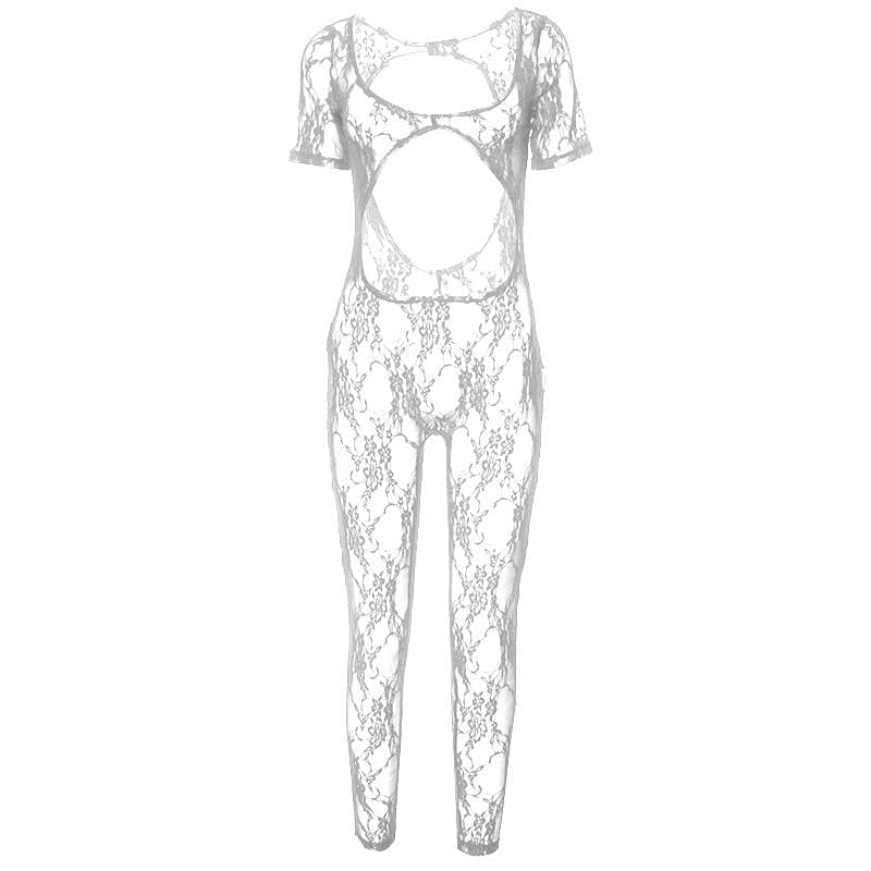 Short sleeve u neck see through lace jumpsuit
