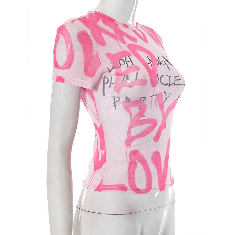 Short sleeve letter print contrast sheer mesh see through top