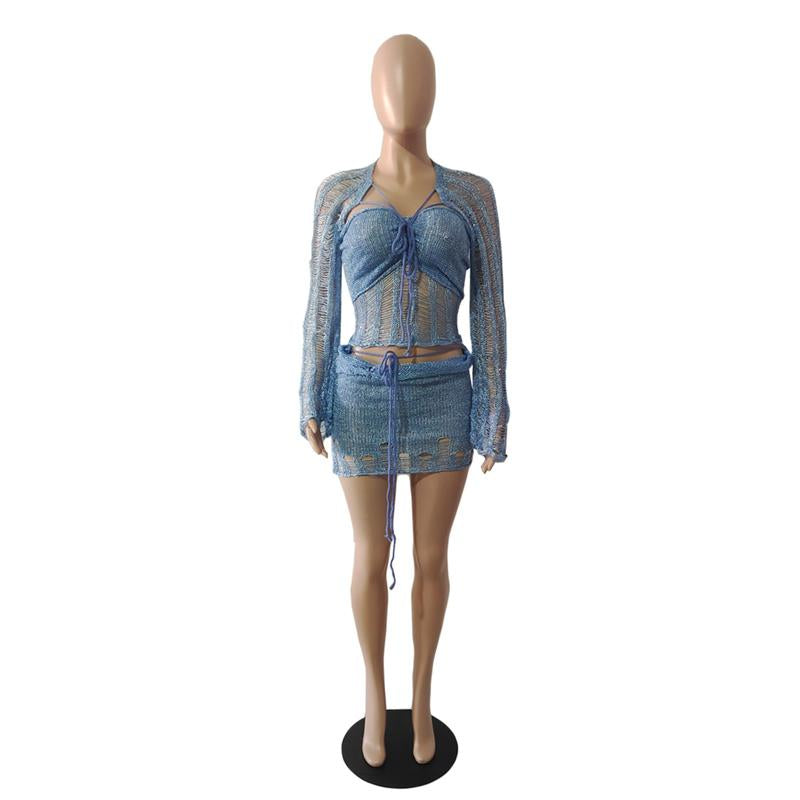 Glitter knitted long sleeve hollow out 3 piece mini skirt set