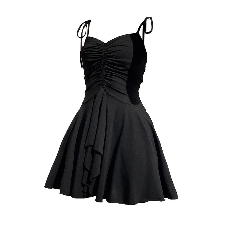 Ruched knotted ruffle solid cami mini dress