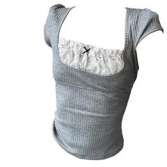 Short sleeve patchwork bowknot ribbed lace top