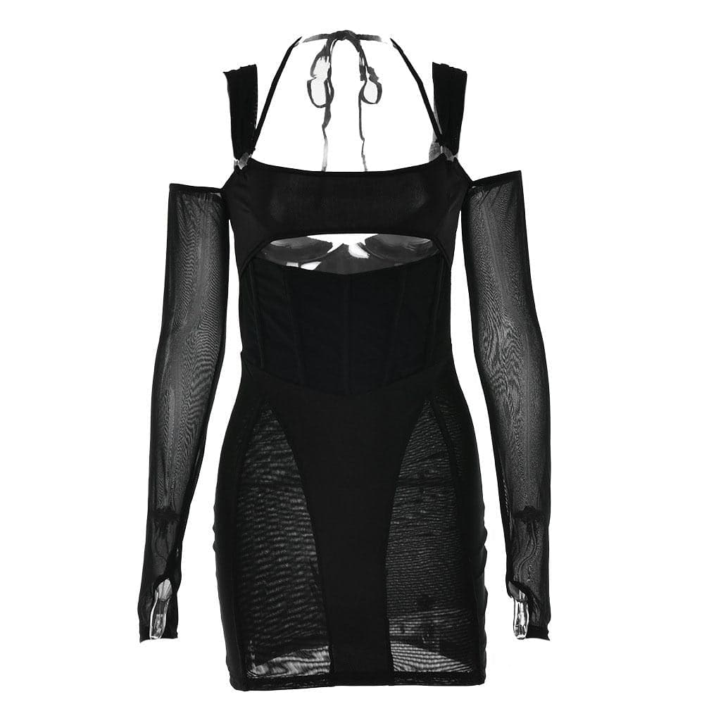 Gloves mesh corset off shoulder hollow out long sleeve halter mini dress  | red tango dress