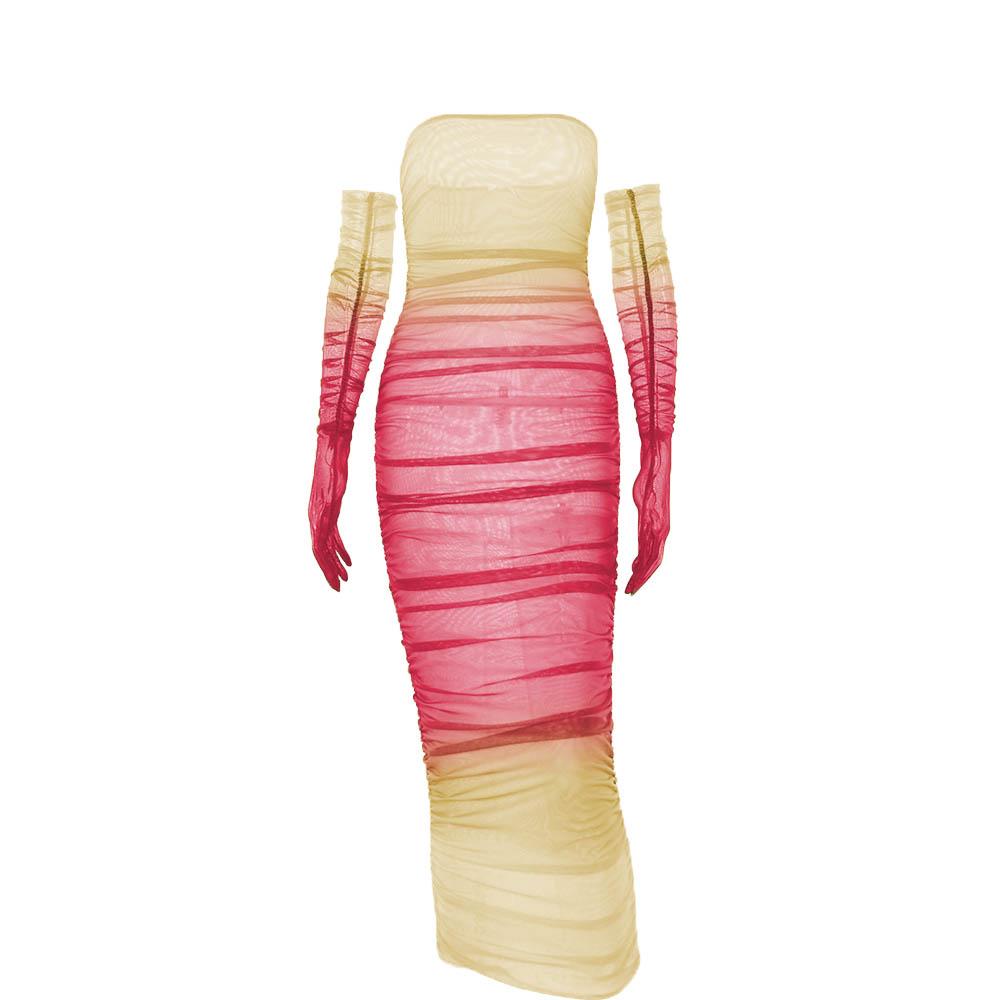 Sheer mesh see through gradient gloves ruched tube maxi dress  | red tango dress  | samba dress