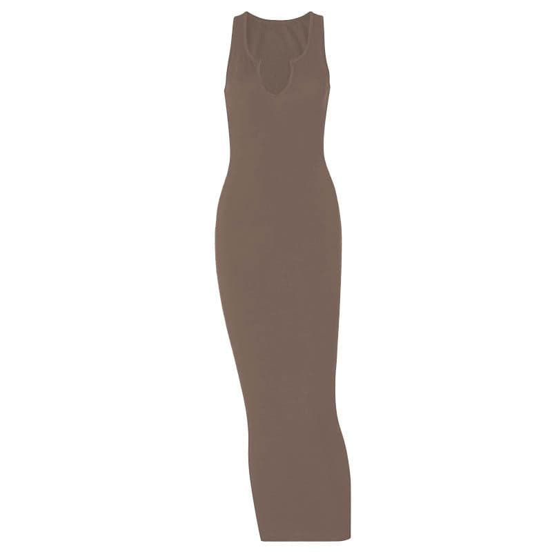 Ribbed notch neck sleeveless low cut solid maxi dress  | red tango dress