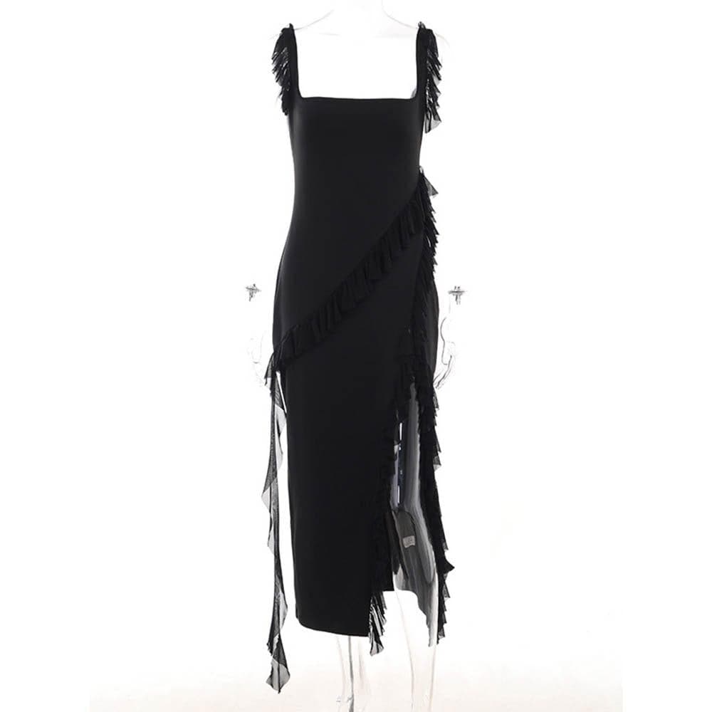 Ruffle cap sleeve slit square neck irregular solid maxi dress  | red tango dress