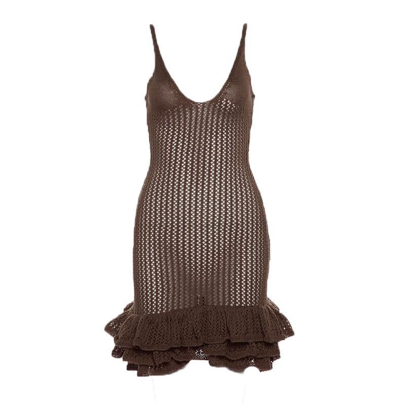 Crochet v neck sleeveless hollow out ruffle mini dress  | red tango dress