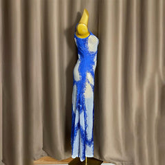 U neck beaded contrast zip-up cami maxi dress