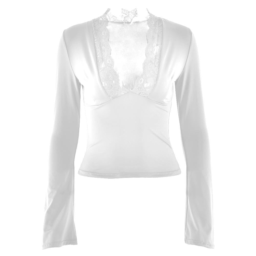 Long flared sleeve deep V neck lace hem top