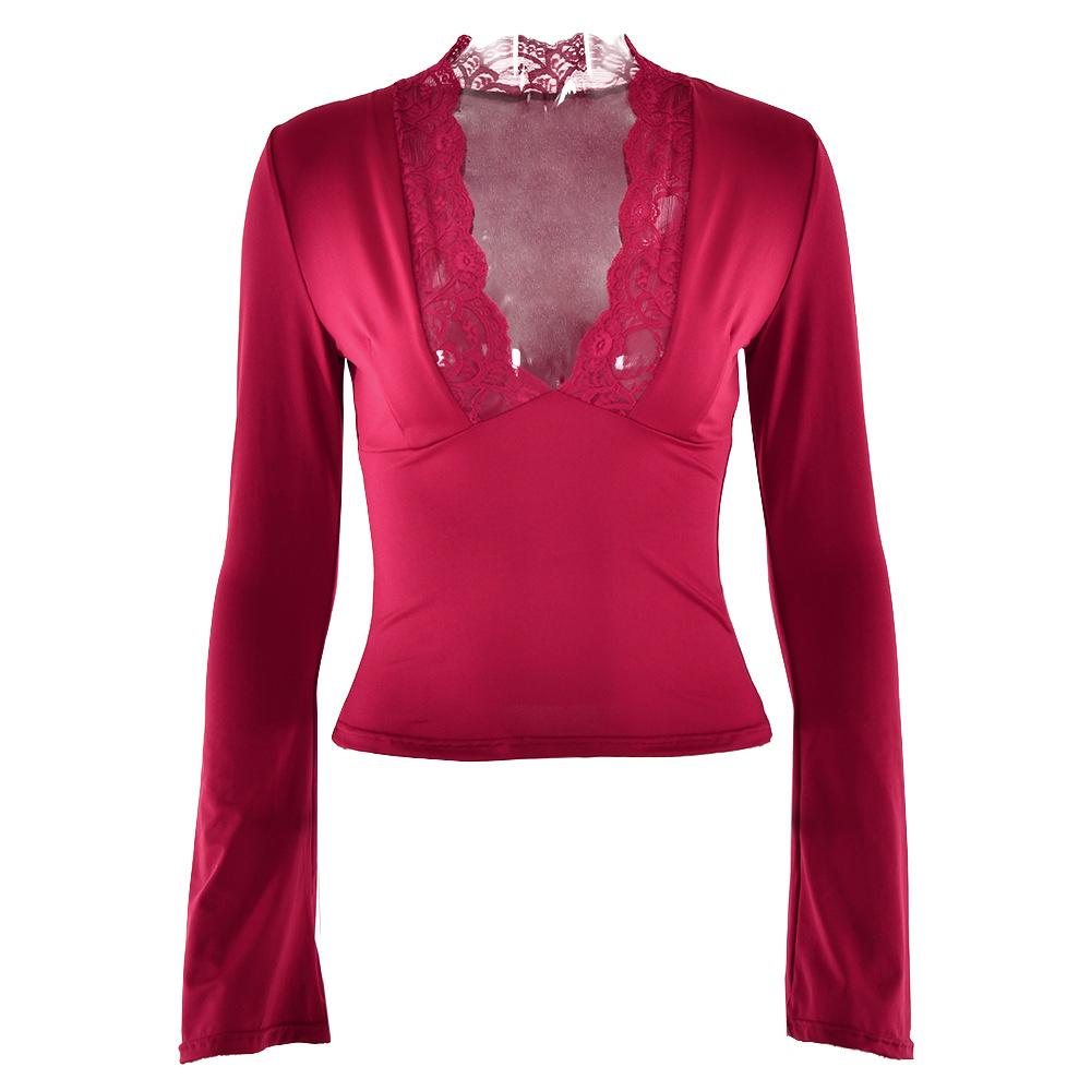 Long flared sleeve deep V neck lace hem top