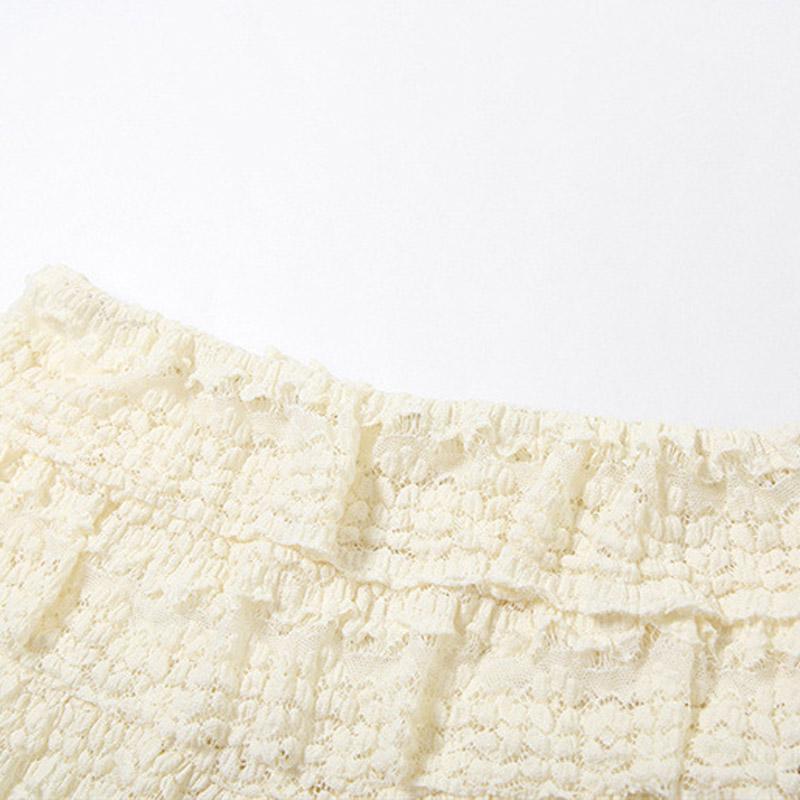 Crewneck ruffle lace ruched cap sleeve pant set
