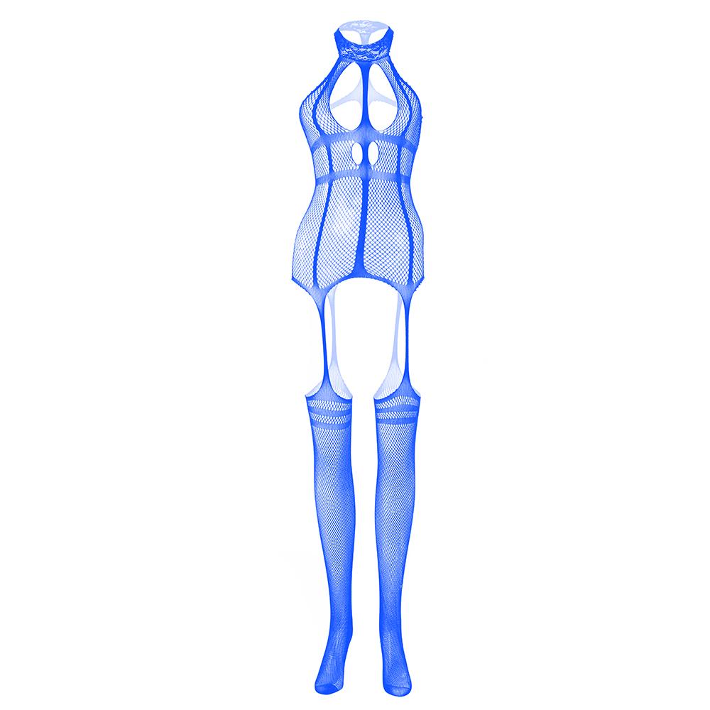 High neck fishnet suspender strappy bodystocking