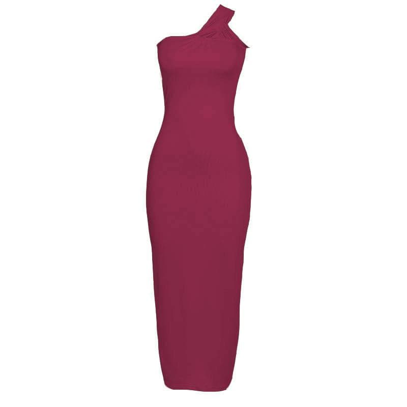Ruched solid irregular one shoulder backless maxi dress  | red tango dress