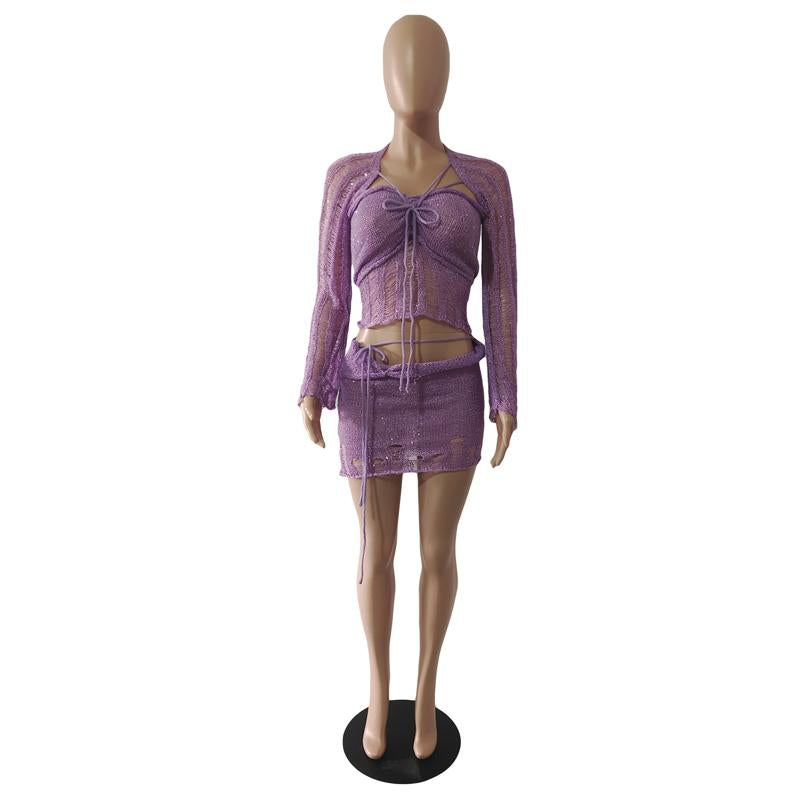 Glitter knitted long sleeve hollow out 3 piece mini skirt set
