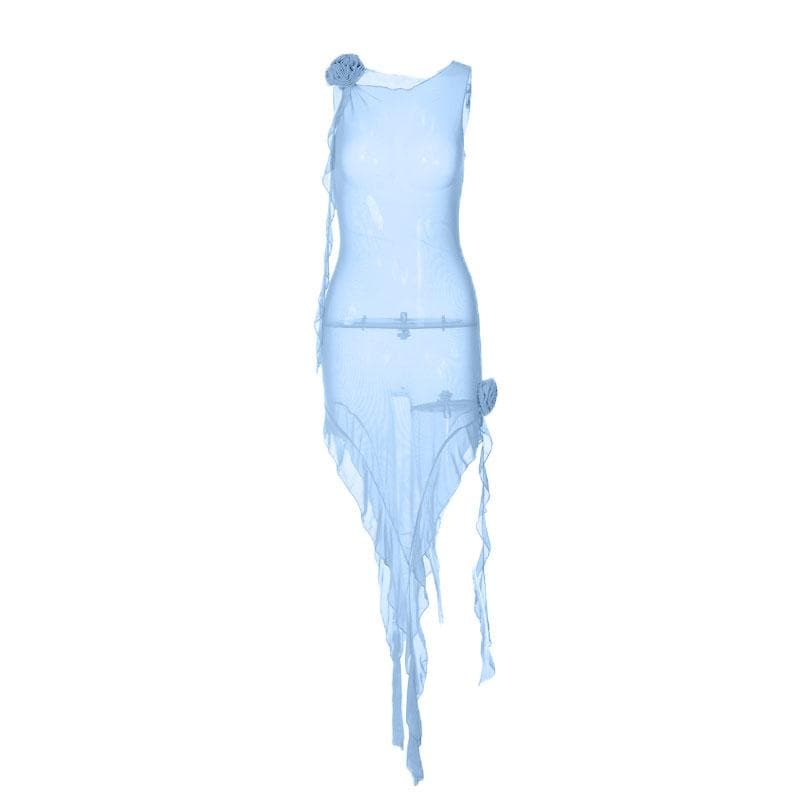 Ruffle sheer mesh see through flower applique ribbon sleeveless midi dress  | red tango dress  | samba dress