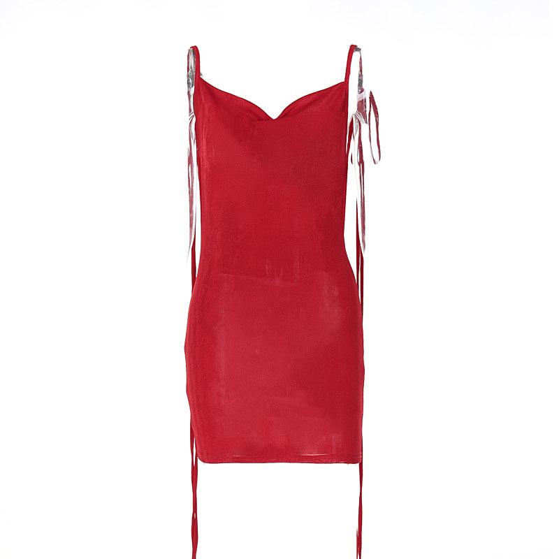Cowl neck self tie backless ribbon solid mini dress  | red tango dress