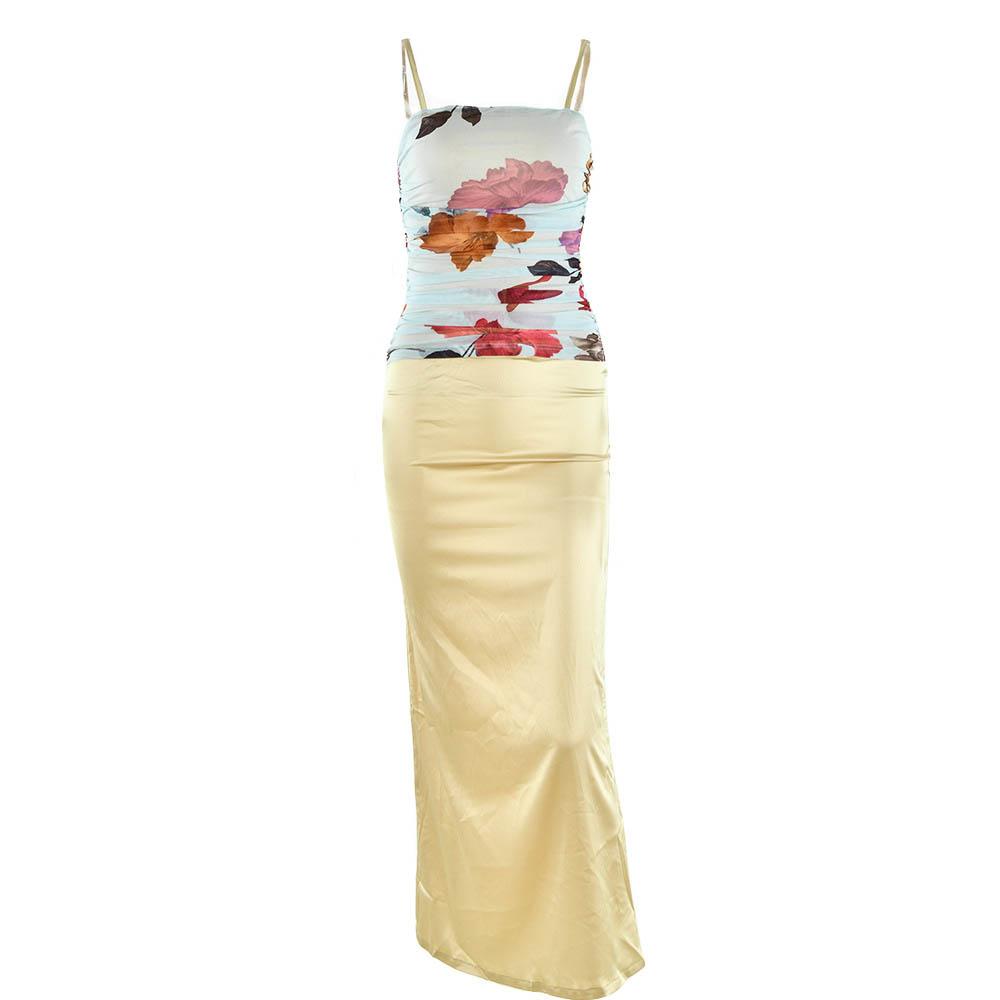 Ruched flower print zip-up square neck contrast slit maxi dress  | red tango dress