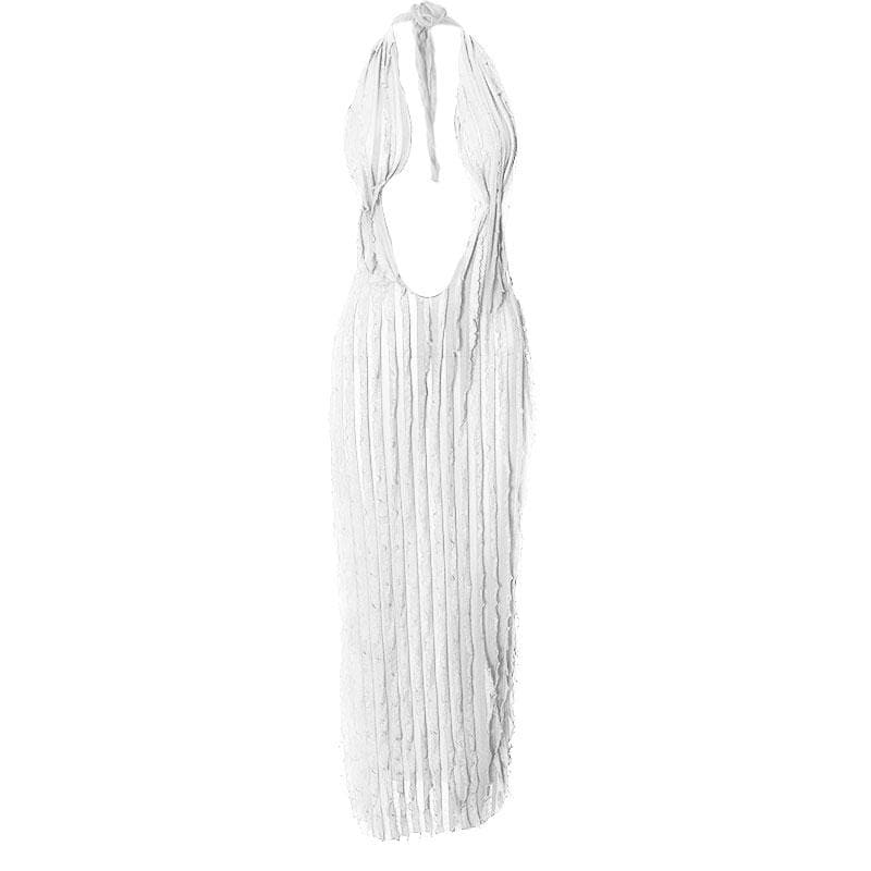 Textured ruffle solid halter self tie v neck backless maxi dress  | red tango dress