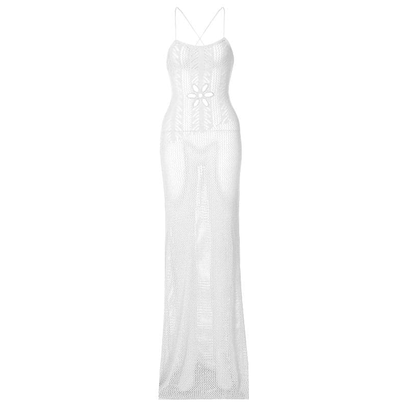 Knitted cross back see through cami maxi dress  | black rave dress