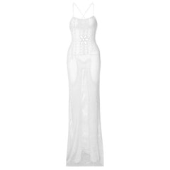 Knitted cross back see through cami maxi dress  | black rave dress