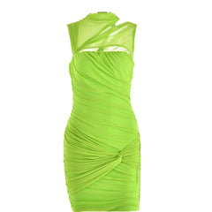 Sleeveless irregular hollow out mesh knotted ruched mini dress