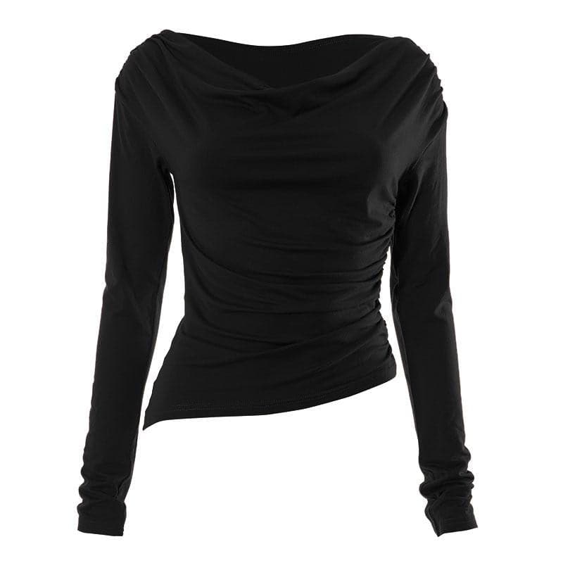 Cowl neck long sleeve solid off shoulder ruched top