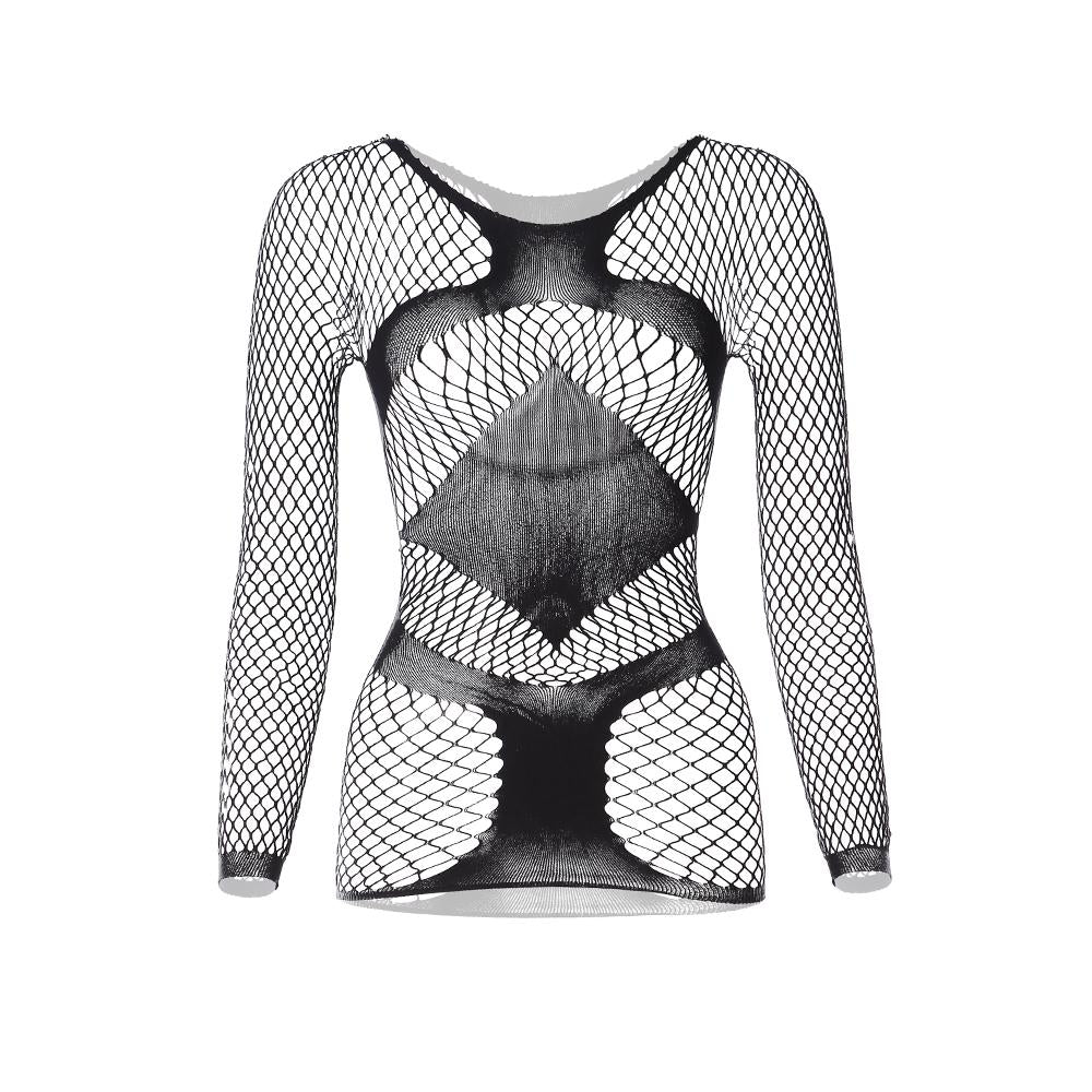 Long sleeve round neck fishnet mini dress