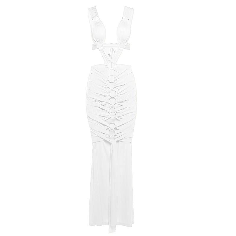 O ring textured hollow out self tie ruched tank maxi dress  | red tango dress
