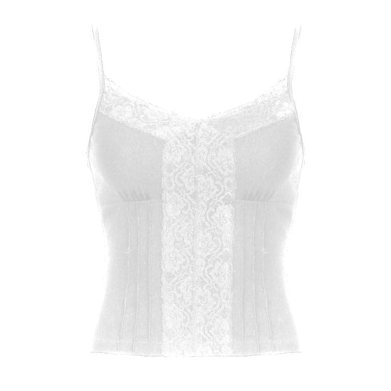Stitch v neck lace hem backless solid cami top