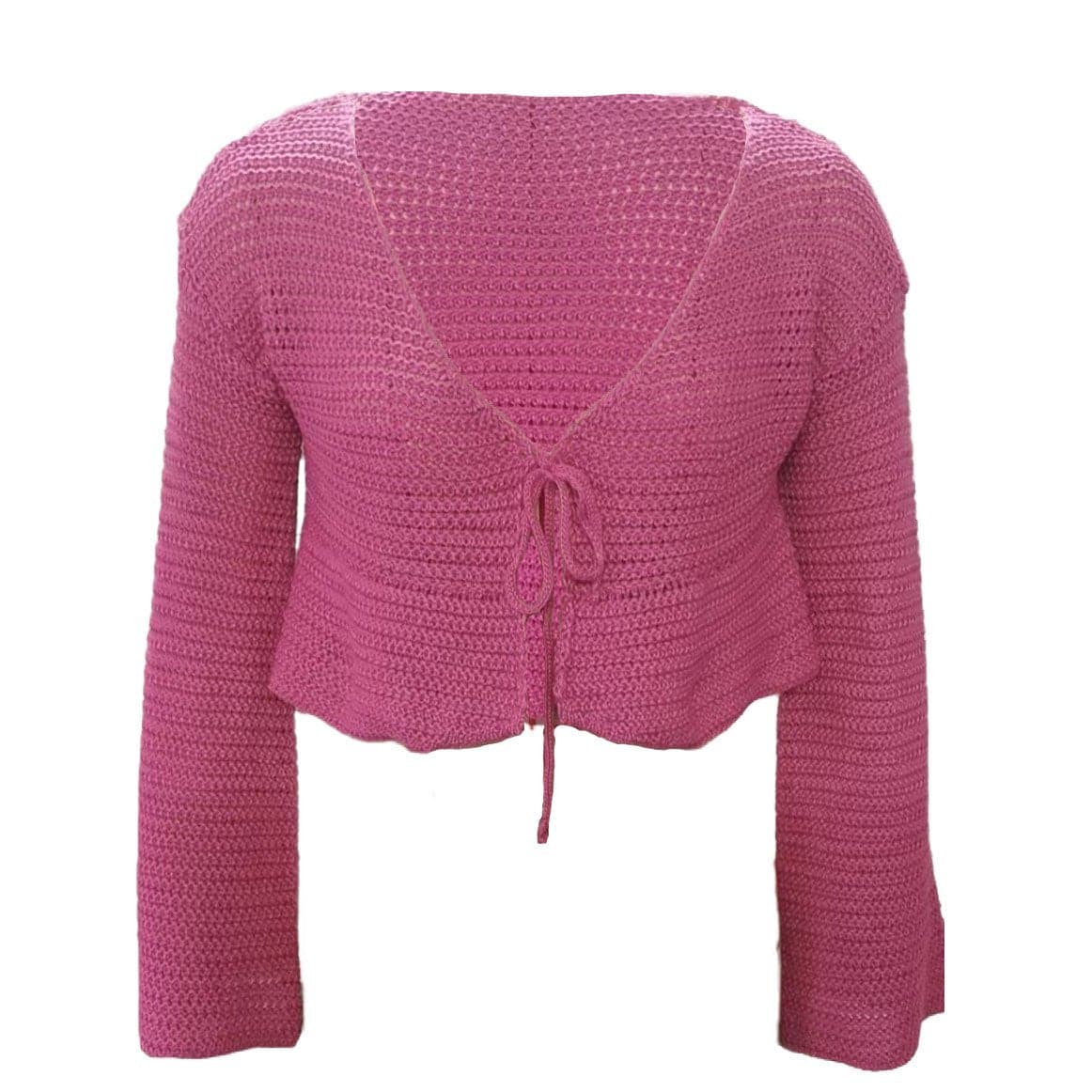 V neck self tie knit crochet long sleeve solid crop top