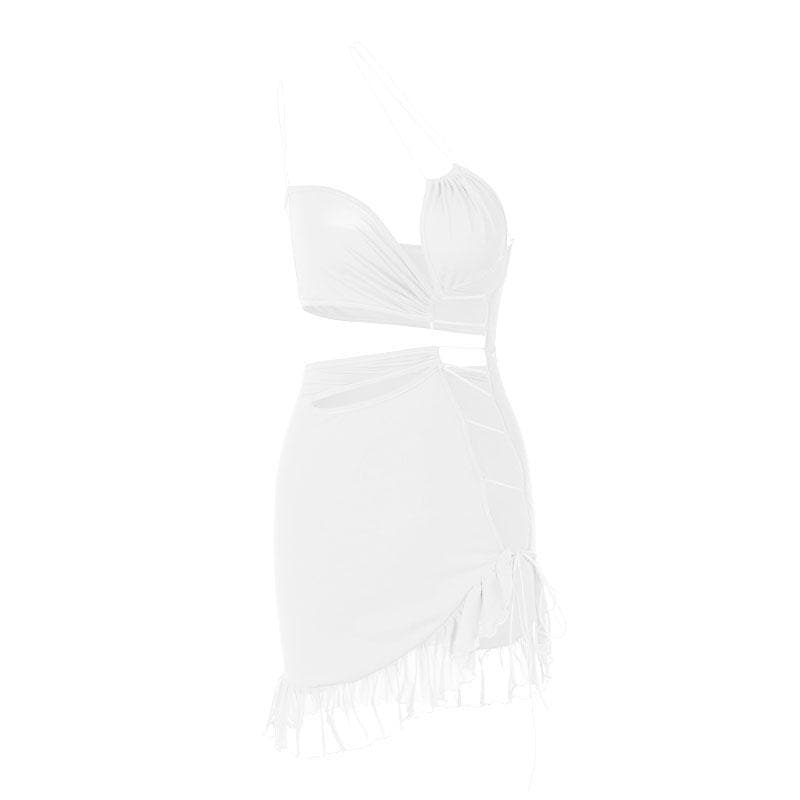 Irregular hollow out ruffle backless one shoulder spaghetti strap mini dress  | red tango dress