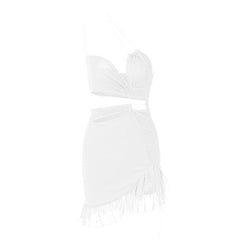 Irregular hollow out ruffle backless one shoulder spaghetti strap mini dress  | red tango dress