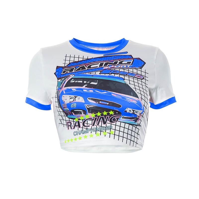 Short sleeve car pattern contrast patchwork crop top