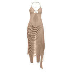 Metal chain halter ruched sheer mesh hollow out maxi dress  | samba dress