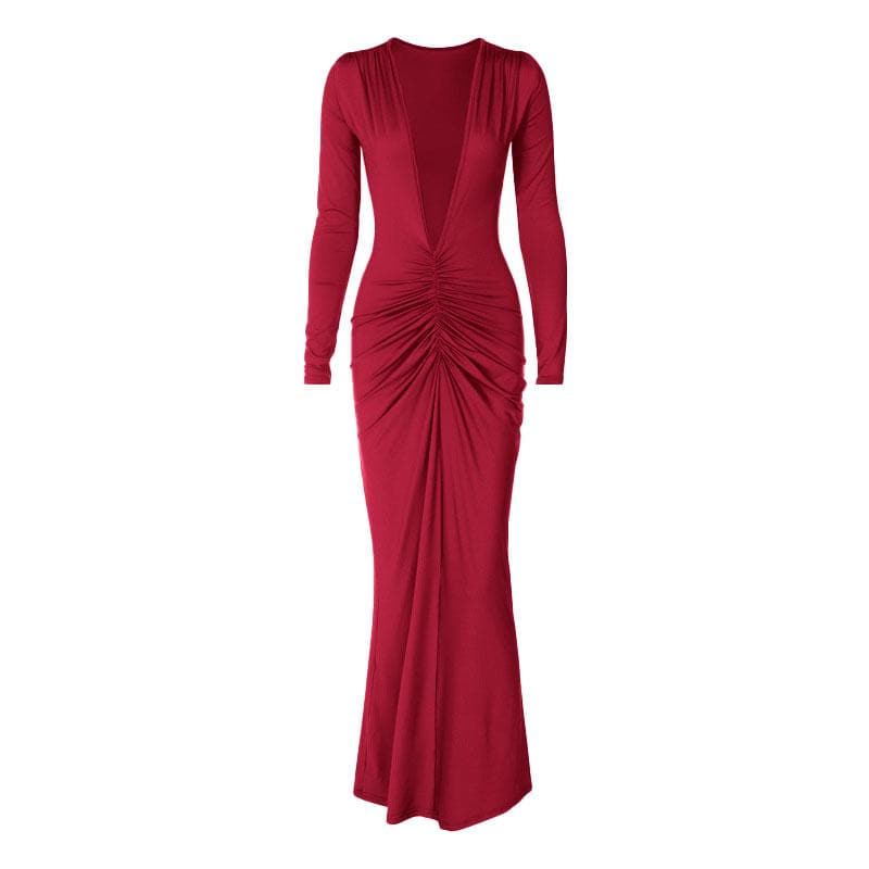 Ruched long sleeve v neck solid 2-way maxi dress  | red tango dress